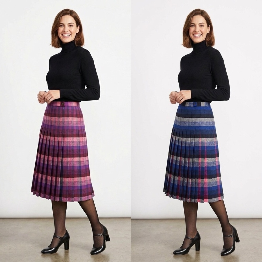 Pendelton Reversible Pleated Tartan Plaid Midi Wool Skirt 1950s Turnabout NWT - Picture 3 of 16